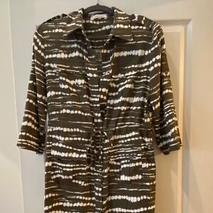 Calvin Klein Olive Green and White Tie-Front Shirt Dress